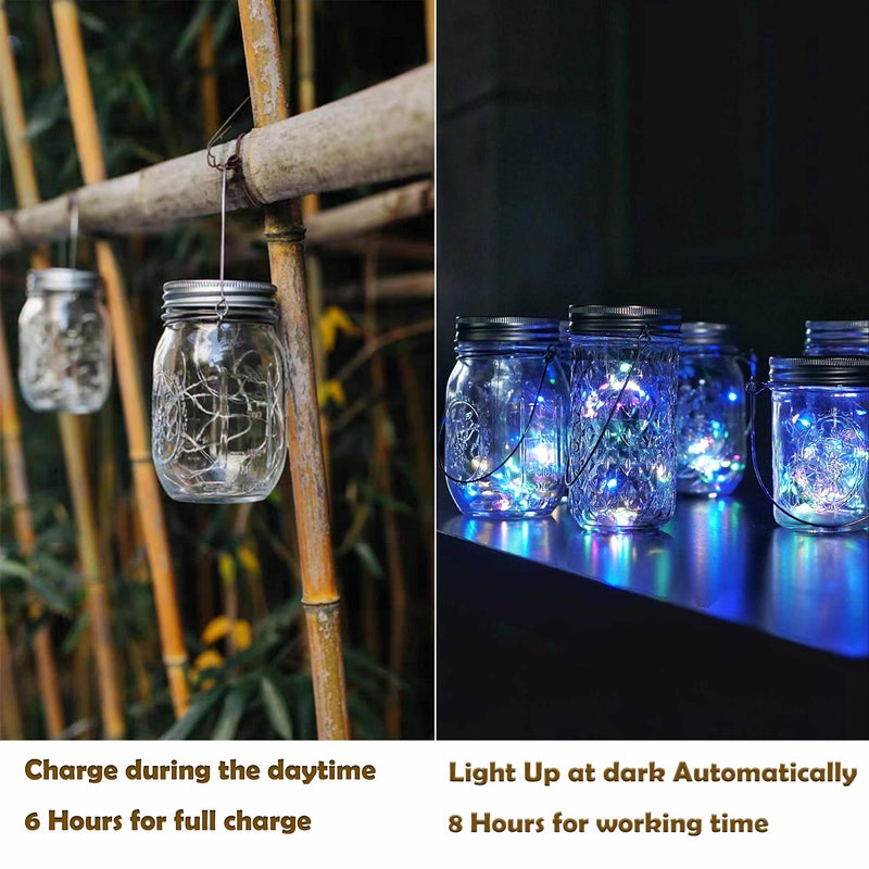 Decorman Solar Mason Jar Lid Lights, 6 Pack 20 LED Waterproof String Fairy Star Firefly Jar Lids Lights for Patio Garden Yard Lawn Party Wedding Christmas Decoration(Jars & Hangers Not Included) - Image 4